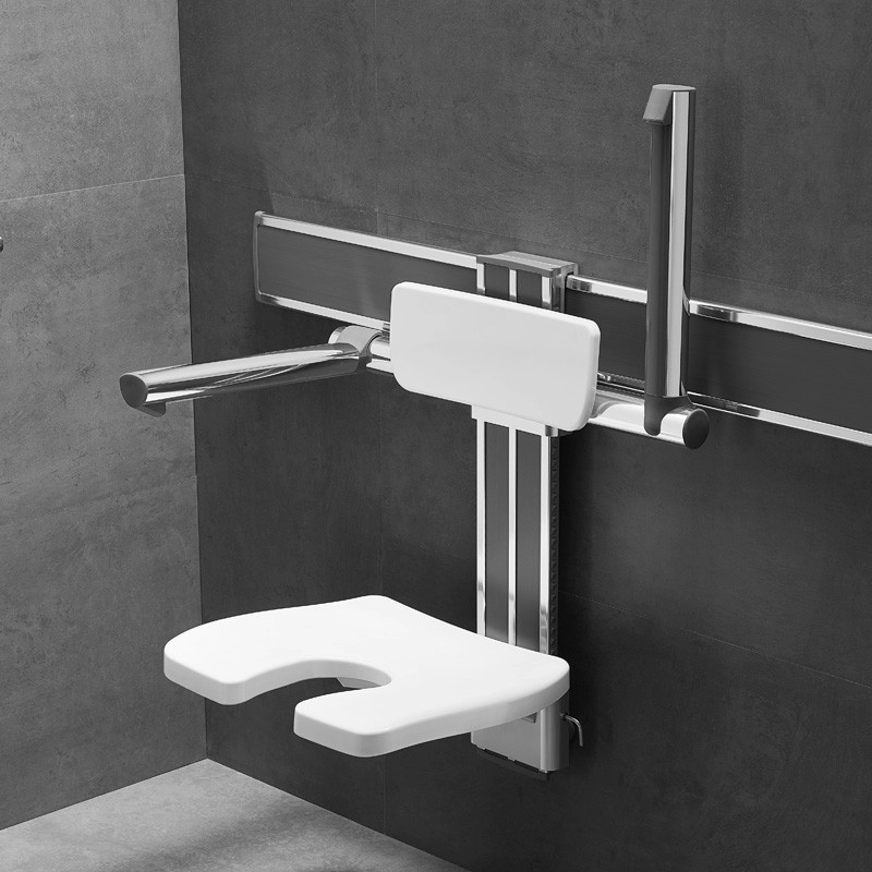 U字型の切り欠きが付いている壁掛けのシャワーの椅子