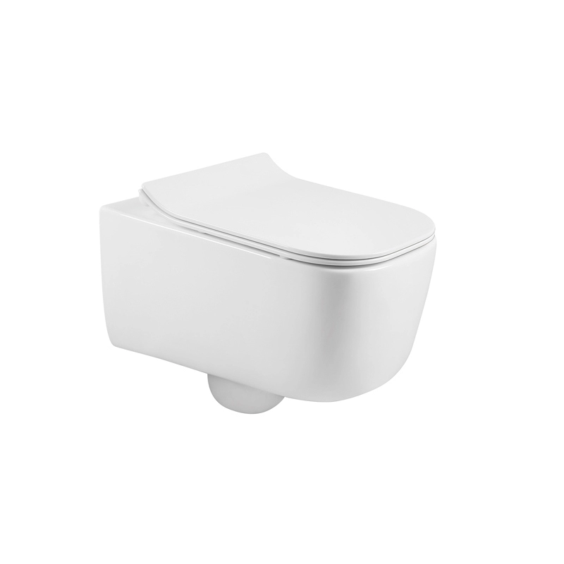 モダンなデザインのD字型の白い壁に取り付けられたトイレ