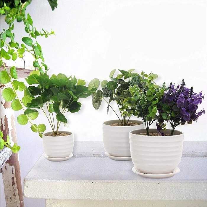 丸い艶をかけられた白い陶磁器の庭の植木鉢は3の受け皿セットで屋内にあります