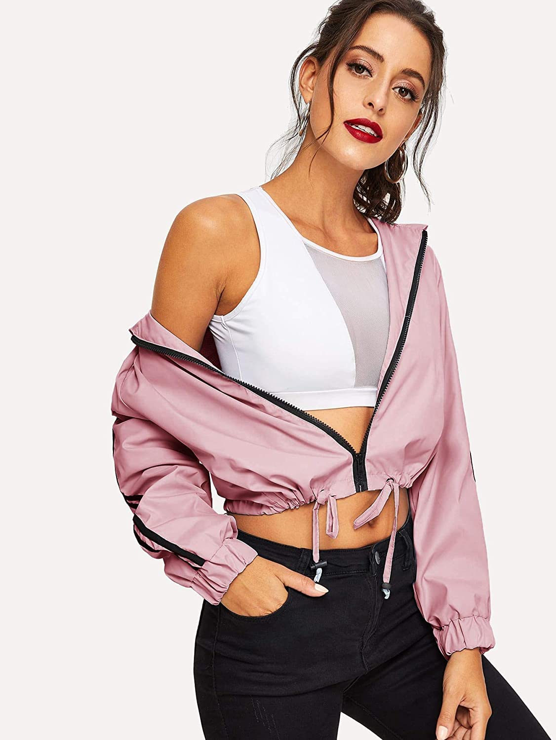 drawstring waist pink windbreaker