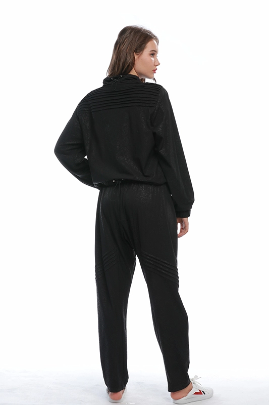 カジュアルスタイリッシュブラックフローラルコーティング印刷女性スウェットシャツ＆スウェットパンツジョガーセット