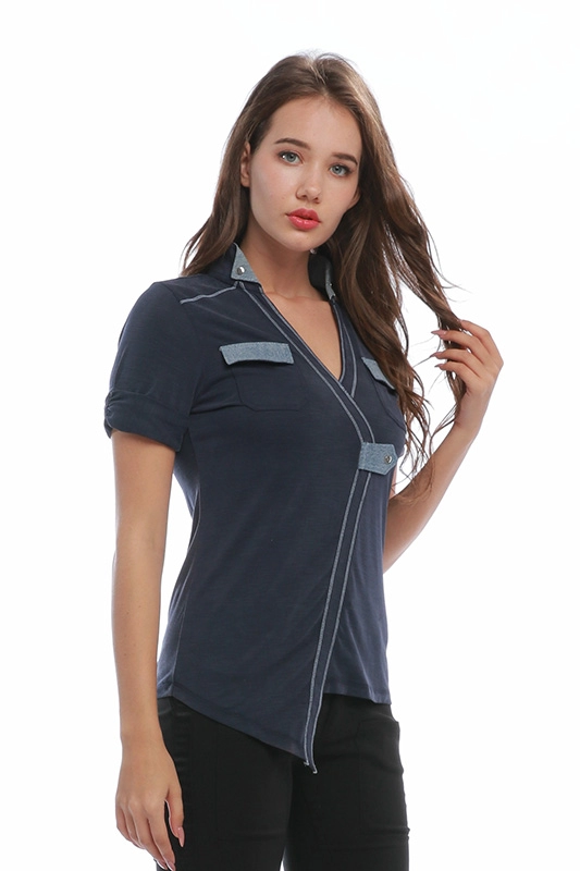中国メーカーカジュアルスリム綿100％ネイビー半袖Vネックカスタム非対称レディースポロTシャツ