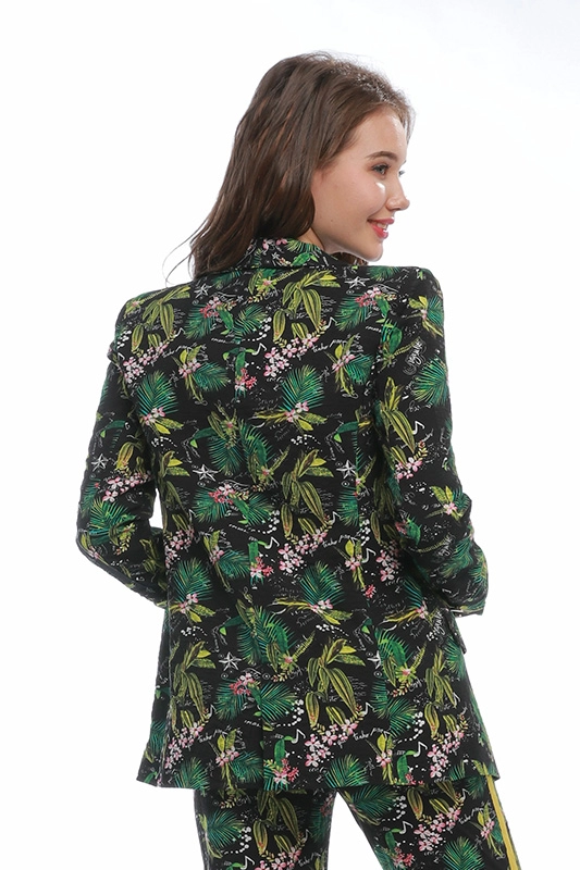 高品質長袖薄いグリーンプリント花柄ニットレディーススーツ女性ブレザー