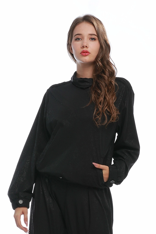 黒の裏地なし長袖ハイカラープラスサイズの女性のスウェットシャツ
