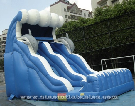 屋外の遊び場のための18フィートの高い青い波状の子供イルカの膨脹可能なスライド